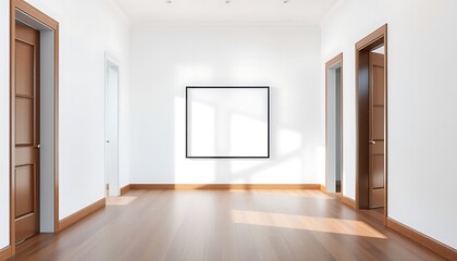 Obraz premium Large open hallway with a slim black frame on a white wall, wooden floors, and natural light.