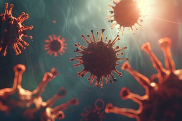 Microscopic view of the covid 19 virus floating in a bloodstream showing the spikes