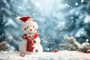 Christmas greeting card with bright winter holiday snowman and New Year background