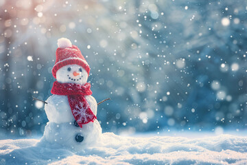 Fototapeta premium Christmas greeting card with bright winter holiday snowman and New Year background