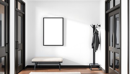 Contemporary entryway with a black frame on a blank wall beside a small bench and coat rack.