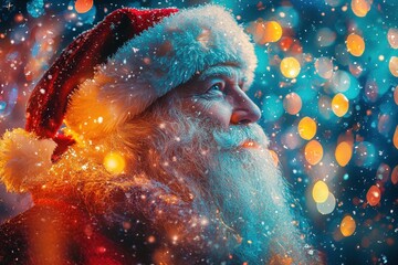 Festive portrait of santa claus amidst a colorful wonderland of lights and magic