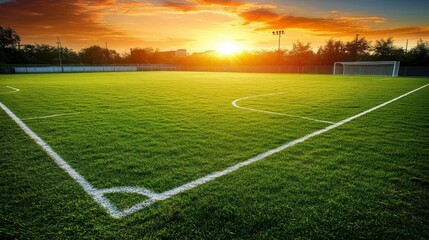 Obraz premium Well-maintained soccer field background with lush green grass and a pristine playing surface