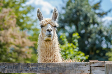 Fototapeta premium Generated AI portrait of brown or beige alpaca on a green field grass