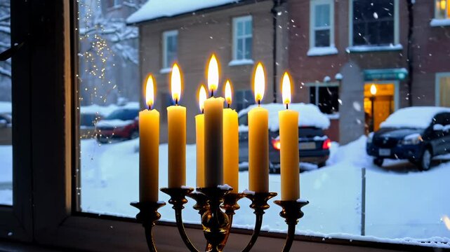 A static video of a menorah with lit candles in a window overlooking a snowy street, soft lighting creates a peaceful ambiance.