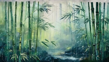 Oriental painting of a bamboo forest in the rain, depicted in Mokseon