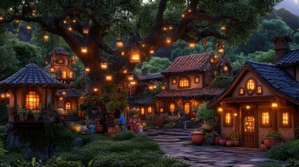 Obraz premium Enchanted Fairytale Village: Cozy Cottages and Illuminated Tree at Twilight