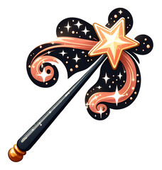 Fototapeta premium Magic wand with a sparkling star, Hand-drawn PNG clipart illustration of a fantasy object