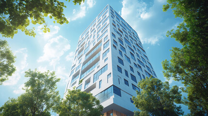 Fototapeta premium A contemporary residential tower showcases lush green terraces on each floor, framed by vibrant trees and a clear blue sky, highlighting sustainable architecture.