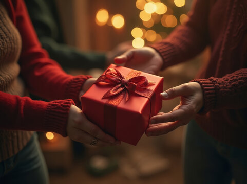 A festive gathering at a Christmas party featuring gift exchanges and warm holiday cheer among friends by a decorated tree