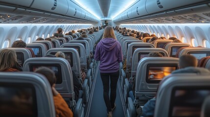 Fototapeta premium Young woman walking down airplane aisle looking for her seat