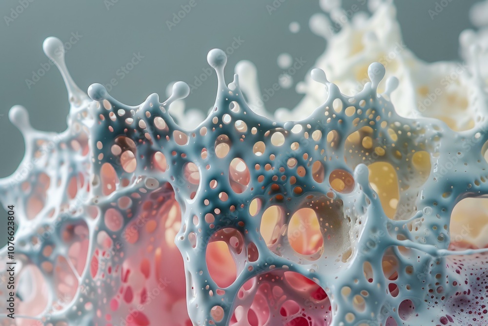 Poster macro close up of a multi colored liquid splashing and forming bubbles