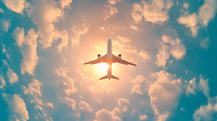 Naklejka premium The airplane flies in the sky, atmosphere vacation, minimalism