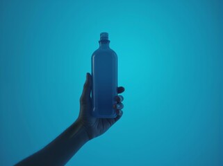 A hand holding a blue bottle against a soft blue background in a minimalistic setting, showcasing product versatility and simplicity