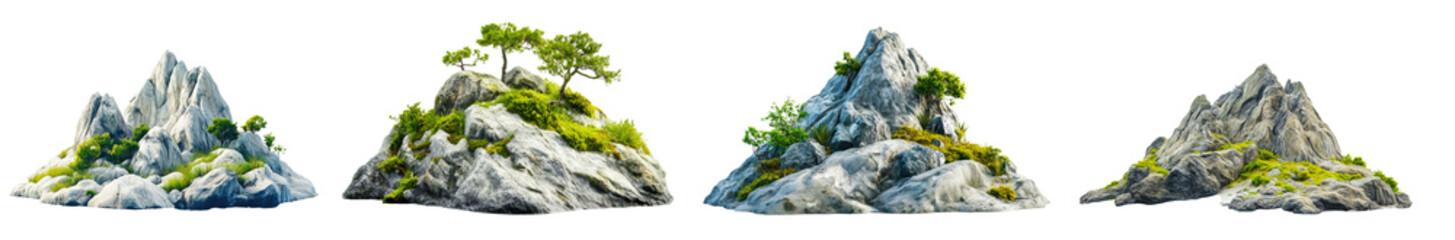 Four distinct rocky formations with lush greenery, showcasing nature's beauty in a tranquil landscape setting, transparency background