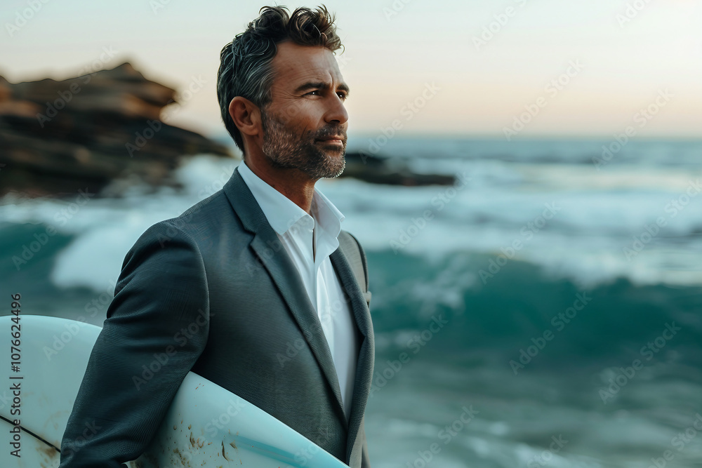 Poster portrait of a handsome attractive man in suit in nature created with generative ai