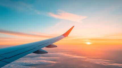 Obraz premium view of airplane wing in the sky, beautiful sunset