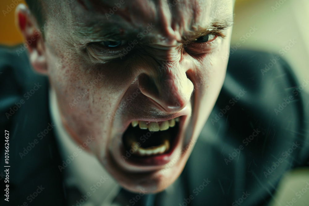 Poster created with generative ai image of angry severe strict man office worker