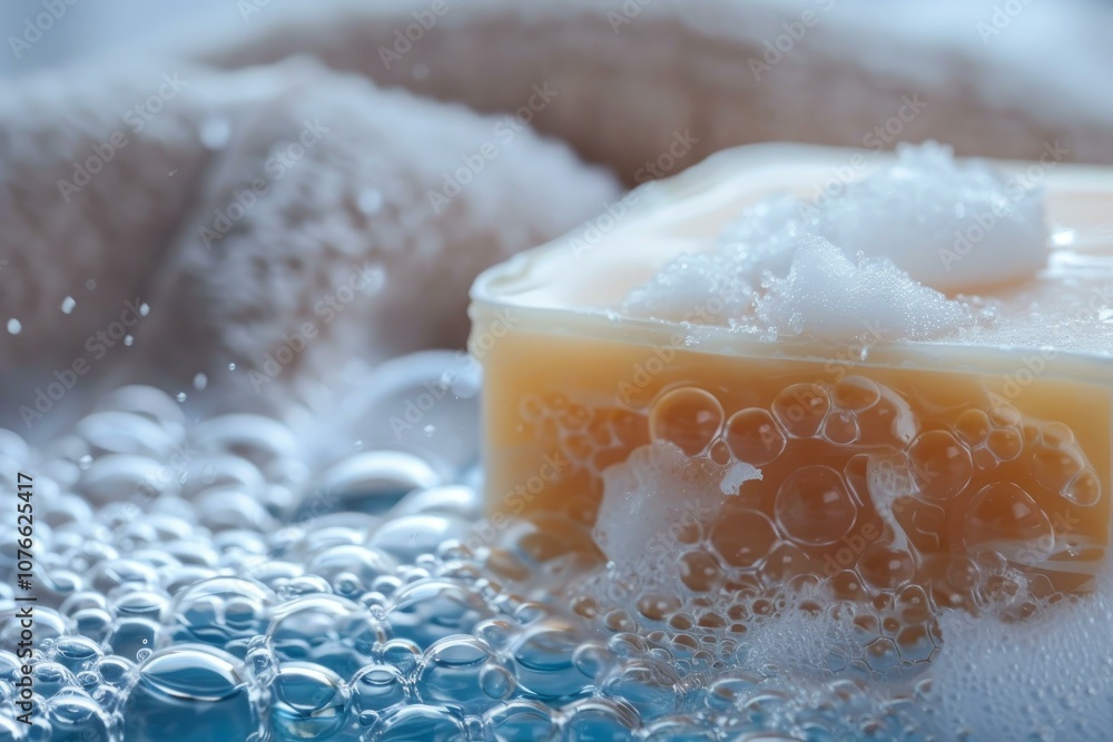 Poster bar of soap with bubbles on it is soaking in water, ready for someone to use to get clean