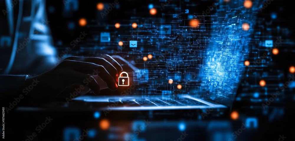 Aufkleber cybersecurity network protection: businessman using laptop with digital padlock for secure data mana