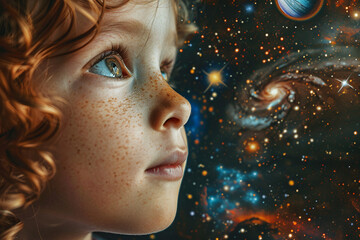 Child gazing at the cosmos in a retro-style space artwork collage, Generative AI blending imagination and wonder