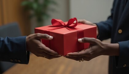 A person presenting a red gift box with a bow during a warm exchange in a modern office setting