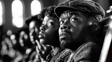 Historical black and white photo of African American family in church