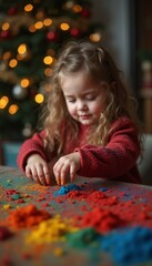 Young child plays with colorful crafting materials at home during the festive season, surrounded by warm holiday lights
