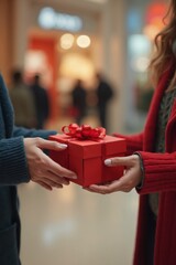 Two people exchanging a red gift box in a bustling shopping mall during the holiday season