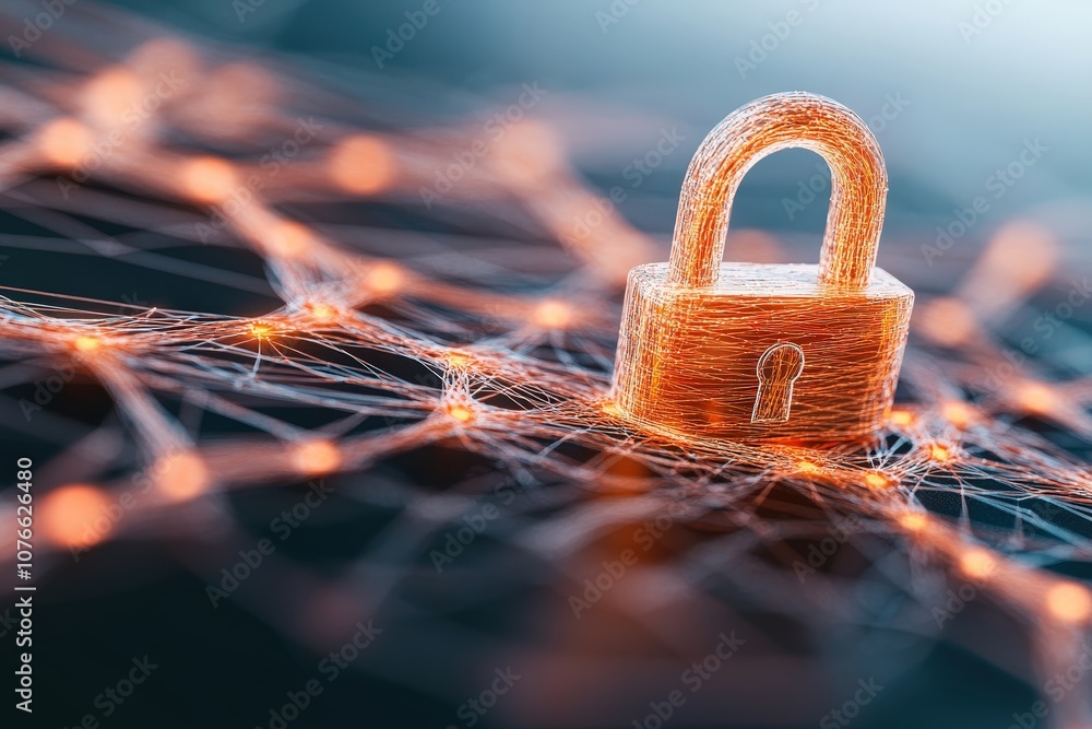 Aufkleber cybersecurity: a digital padlock secures a glowing network graph. protecting data.