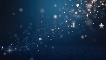 New Year Dark Blue Background with Diagonal White and Blue Snowflakes and Bokeh Lights