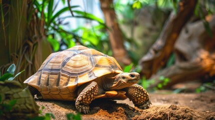 Naklejka premium A Close-Up Shot of a Tortoise Walking in a Lush Green Environment