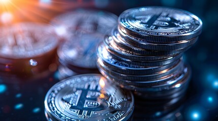 Shiny cryptocurrency coins are arranged in a stack, creating a modern investment atmosphere. on a dark surface