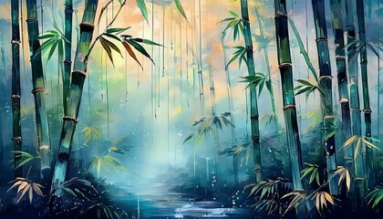 Oriental painting of a bamboo forest in the rain, depicted in Mokseon