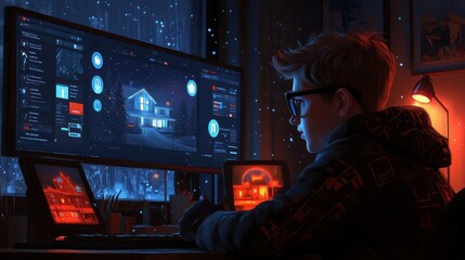 A young man sits at his desk in front of a computer screen, looking at a digital representation of a house in the snow.