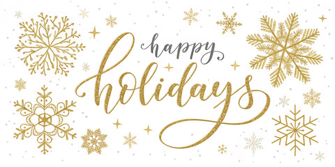Gold Happy Holidays Calligraphy Banner with Snowflakes on White Background