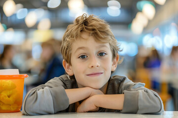 Young Child boy girl Eating Lunch in a School Canteen Setting with Juice and Food on Table,...