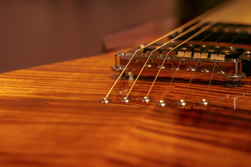 Electric guitar bridge, strings and pickup detail close-up