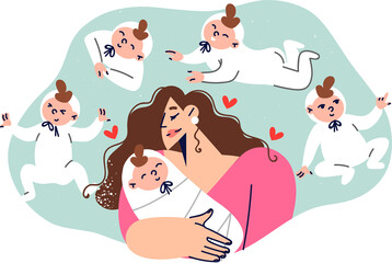 Caring mother, fascinated by baby, rejoices in showing love and affection for own son. Girl with...