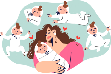 Caring mother, fascinated by baby, rejoices in showing love and affection for own son. Girl with baby in arms experiences maternal instinct and desire to do everything for sake of child.