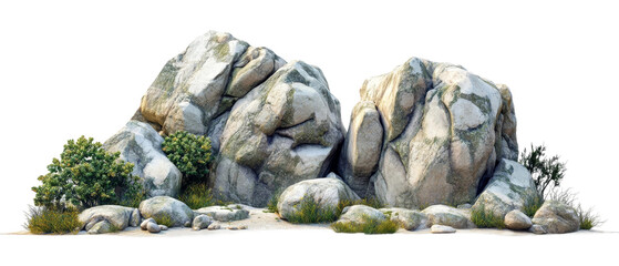 Natural rock formations with vibrant greenery in a serene desert landscape during daylight hours, transparency background