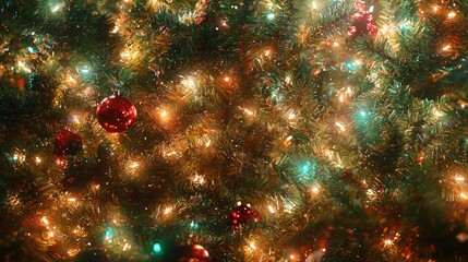 Close-up of a beautifully decorated Christmas tree with twinkling lights