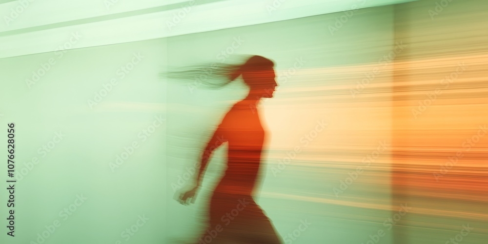 Poster dynamic motion blur of a woman running with vibrant colors and abstract background