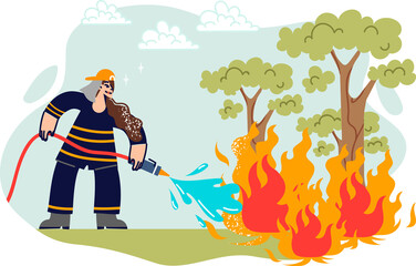 Woman firefighter extinguishes burning trees in forest, pouring water on flames from long hose....