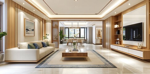 3D Rendering of a Luxurious Living Room with Marble Flooring and Classic Art