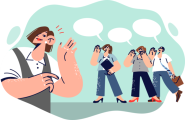 Good manager listens to opinions of employees sharing ideas for improving work process. Girl interviewer surveys focus group and listens to words of random people giving feedback about product