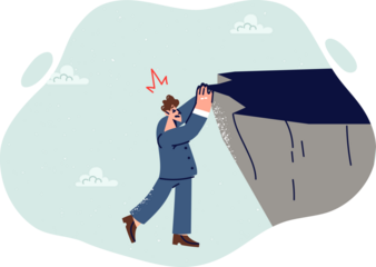 Business man falls from cliff, due to crisis situation causing need to take risks and participate in adventures. Problem for guy who is victim of crisis and needs help to solve problems