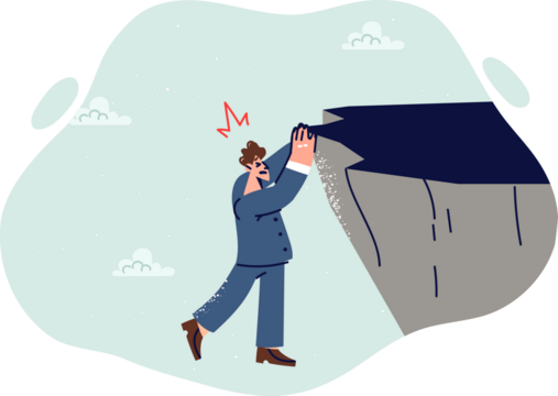 Business man falls from cliff, due to crisis situation causing need to take risks and participate in adventures. Problem for guy who is victim of crisis and needs help to solve problems