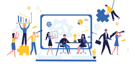 Business concept. Team metaphor. People connect puzzle elements. Flat illustration in flat design style. Teamwork, collaboration, partnership. Businessmen working together and moving towards success.