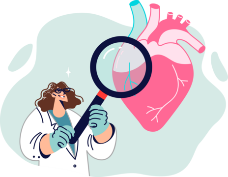 Woman doctor cardiologist examines heart, standing with magnifying glass and analyzing cardio system. Cardiologist provides preventive treatment by monitoring circulatory disorders